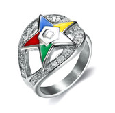 Order of the Eastern Star Ring - Side Loop Stainless Steel CZ ring with Silver Tone Band and OES Symbol. Masonic Jewelry. 