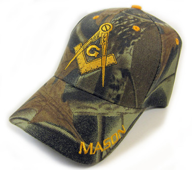 Freemason's Baseball Cap - Green Camouflage Hat with Mason text and Compass and Square Symbol - One Size Fits Most Adults Masonic Cap 