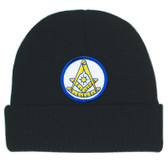Masonic Beanie Caps Winter - Black Hat with Bright Blue and Gold Past Master Freemason Symbol - One Size Fits Most. Freemason Merchandise, Clothing and Apparel