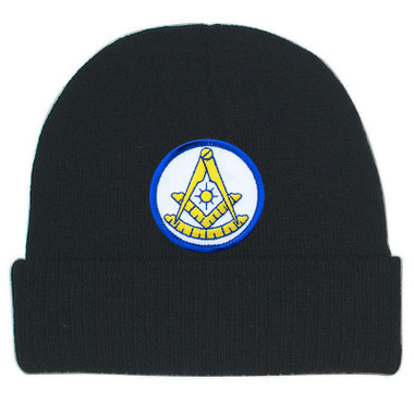 Masonic Beanie Caps Winter - Black Hat with Bright Blue and Gold Past Master Freemason Symbol - One Size Fits Most. Freemason Merchandise, Clothing and Apparel