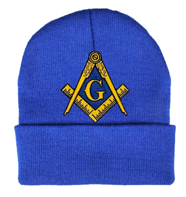 Freemasons Hat Winter - Royal Blue Beanie Cap - Golden Compass Masonic Symbol. One Size Fits Most Freemasons Hat. Masonic Clothing, Apparel and Merchandise
