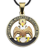 Scottish Rite - 33rd Degree Gold Color Stainless Steel Masonic Freemason Pendant Medal Charm. Crowned Double Headed Eagles. Includes Necklace 