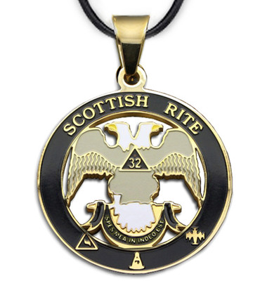 Scottish Rite 32nd Degree - Gold Color Stainless Steel Masonic Freemason Pendant Medal Charm. Double Headed Eagles. Includes Necklace