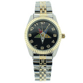 Order of the Eastern Star Watch - OES Symbol on Duo Tone Silver with Gold Steel Band - Black Face Dial