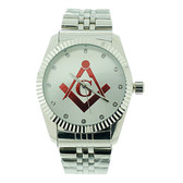 Masonic Watch - Red Lodge Masonic Logo Compass & Square - Silver Color Steel Band - Full Silver Face Dial Freemason Symbol Watch