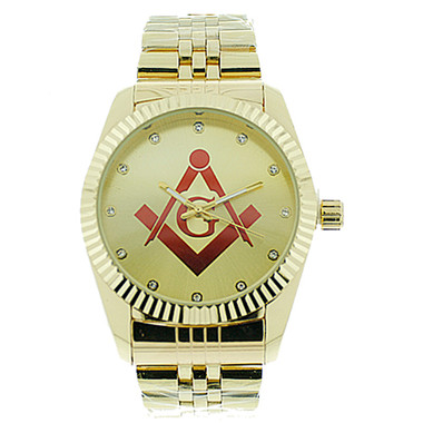 gold masonic watch with red compass and square for freemasons