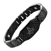 Masonic Bracelet - All Black Stainless Steel w/ Black Carbon Fiber Freemason Link Bracelet with Classic Masonic Symbol