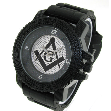 black masonic watch with freemason compass and square logo over white