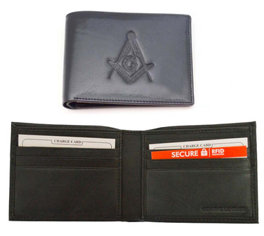 Masonic Black Leather Wallet with Large Centered Masonic Compass and Square. Multiple pockets and ID compartments - wallet for Freemasons. (Masonic gifts)