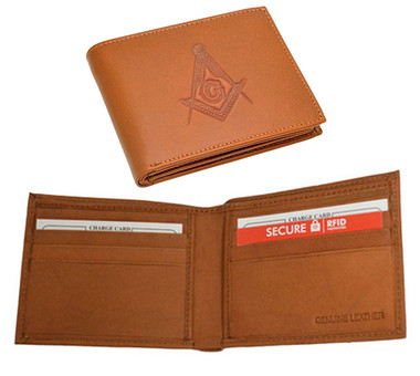  Masonic Tan Leather Wallet with Large Centered Masonic Compass and Square. Multiple pockets and ID compartments - wallet for Freemasons. (Masonic gifts