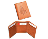 Masonic Tan Tri-Fold Leather Wallet with Large Masonic Compass and Square. Multiple pockets and ID compartments - wallet for Freemason. (Masonic gifts)