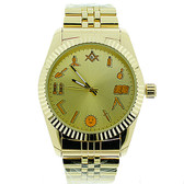 Masonic Watch - Gold Tone Steel Watch - Round Dial Watch with Artistic Working Tools Freemasonry Symbolism