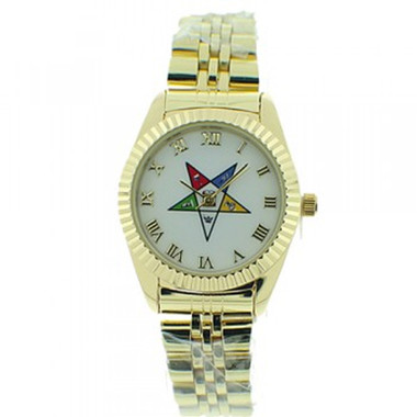 Order of the Eastern Star Masons Watch - OES Symbol on Gold Color Steel Band - White Face Dial Roman Numerals