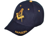 navy blue Masonic baseball cap with gold tone mason compass and freemason text