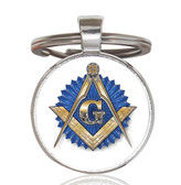blue and white masonic compass and square keychain for freemasons