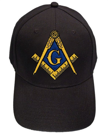 black freemason baseball cap with gold and blue compass and square symbol 