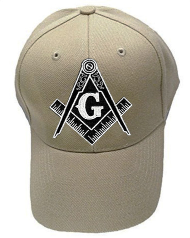 tan masonic baseball cap with black compass and square symbol 