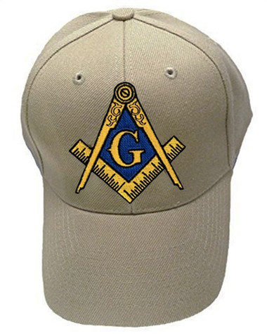 tan freemason baseball cap with gold compass and square symbol 