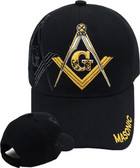 Black Masonic Baseball Cap - Golden Masonic Order Symbol, brim Mason text & adjustable strap on back of hat. Masonic Clothing, Apparel and Merchandise