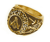 Mason Gold Color Freemason College Style Masonic Rings for sale - with classic center design and etched symbols - Stainless Steel w/ Gold Plating