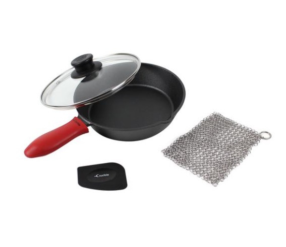 8-Inch Cast Iron Skillet Set (Pre-Seasoned), Silicone Hot Handle Holder,  Glass Lid, Cast Iron Cleaner Chainmail Scrubber, Scraper