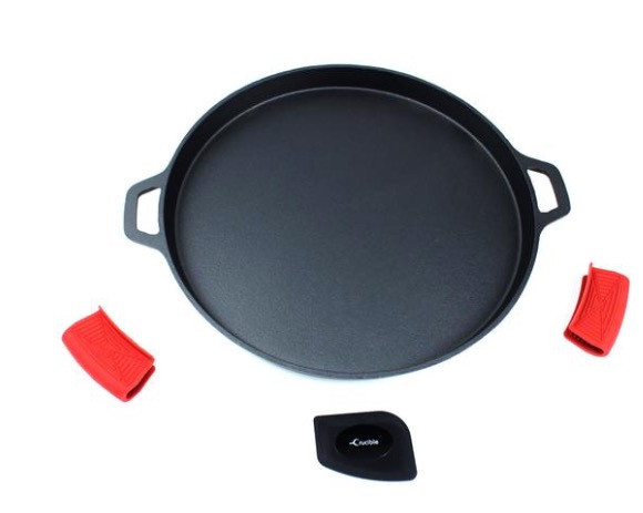 Cast Iron Pizza Pan 13.58 (Pre-Seasoned), Baking Pan, Cooking Griddle, for  Stove, Grill, BBQ and Oven - Including Silicone Hot Handle Holders and  Scraper - Best Life Now LLC