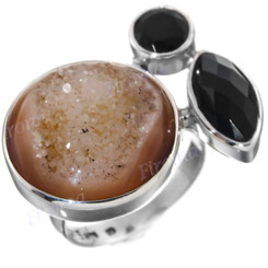 1" 925 Sterling Silver Onyx Agate Druzy Face us 6 Ring