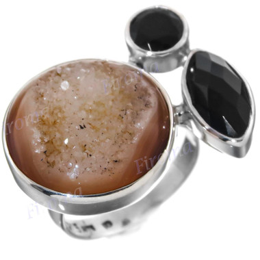 1" 925 Sterling Silver Onyx Agate Druzy Face us 6 Ring