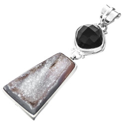 925 Silver Natural Druzy Drusy And Onyx Sterling Pendant, 2"