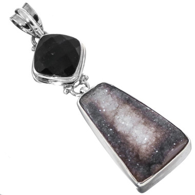 925 Silver Natural Druzy Drusy And Onyx Sterling Pendant, 2"