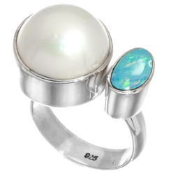1" 925 Sterling Silver Opal White Mabe Pearl Face us 6 Ring