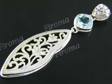2 11/16" 925 Silver Mother Of Pearl Topaz Shell Blue Pendant