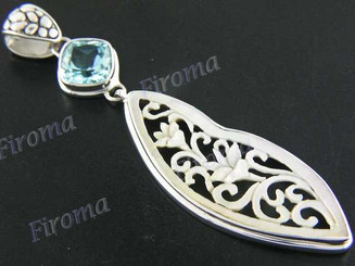 2 11/16" 925 Silver Mother Of Pearl Topaz Shell Blue Pendant
