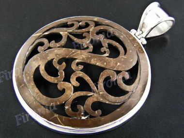 2 3/8" 925 Silver Carved Coconut Shell Pendant