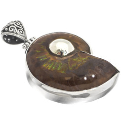 925 Silver Iridescent Ammonite Fossil Ammolite Dual Sided Pendant, 1 7/8"