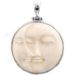 2" 925 Silver Bison Bone Carved Moon Sun Goddess Pendant