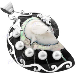 3" 925 Silver Freshwater Pearl Nautilus Shell Black Pendant