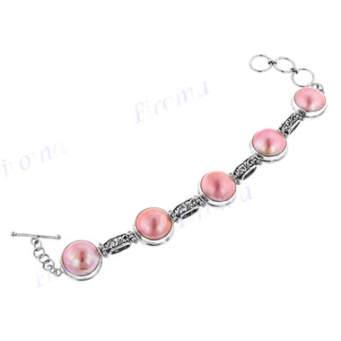 925 Sterling Silver Mabe Pearl 8" Pink Toggle Bracelet