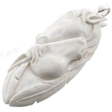 3 3/8" 925 Silver Bison Bone Carving Feather Horse Pendant