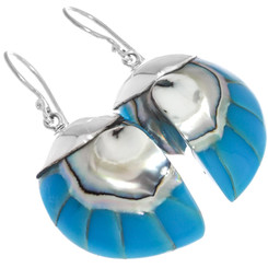 1 1/8" 925 Silver Nautilus Shell Turquoise Blue Earrings