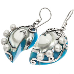 1 5/16" 925 Silver Nautilus Pearls Shell French Earrings