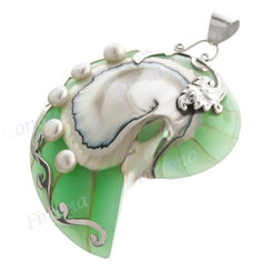 3 1/8" 925 Silver Freshwater Pearl Nautilus Shell Pendant