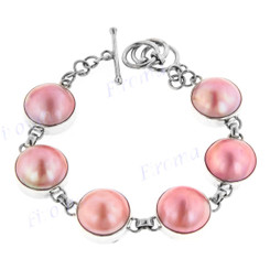 925 Sterling Silver Pink Mabe Pearl 7 1/2" Toggle Bracelet