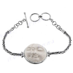 925 Silver Bison Bone Carving Face Moon Sun 7 1/4" Bracelet