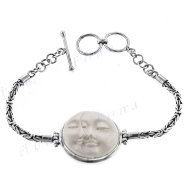 925 Silver Bison Bone Carving Face Moon Sun 7 1/4" Bracelet