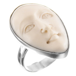 Goddess Face Hand Carving Bison Bone 925 Sterling Silver Adjustable Ring