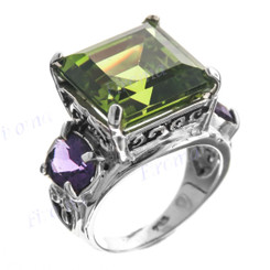 Bold 925 Sterling Silver Peridot Amethyst Face Cocktail Ring