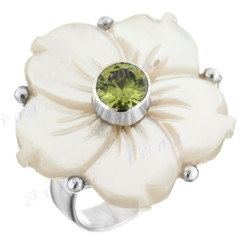 PERIDOT MOTHER OF PEARL SHELL FLOWER 925 STERLING SILVER ADJUSTABLE ring