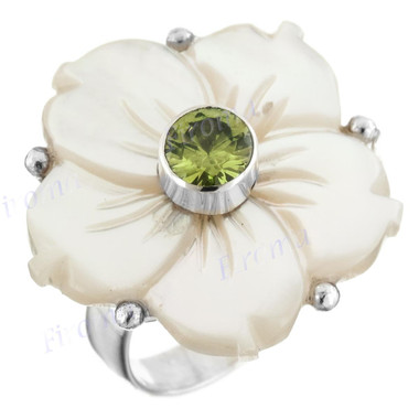 PERIDOT MOTHER OF PEARL SHELL FLOWER 925 STERLING SILVER ADJUSTABLE ring