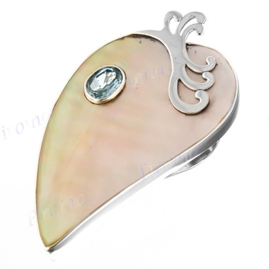 2 7/16" 925 Silver Blue Topaz Mother Of Pearl Shell Pendant